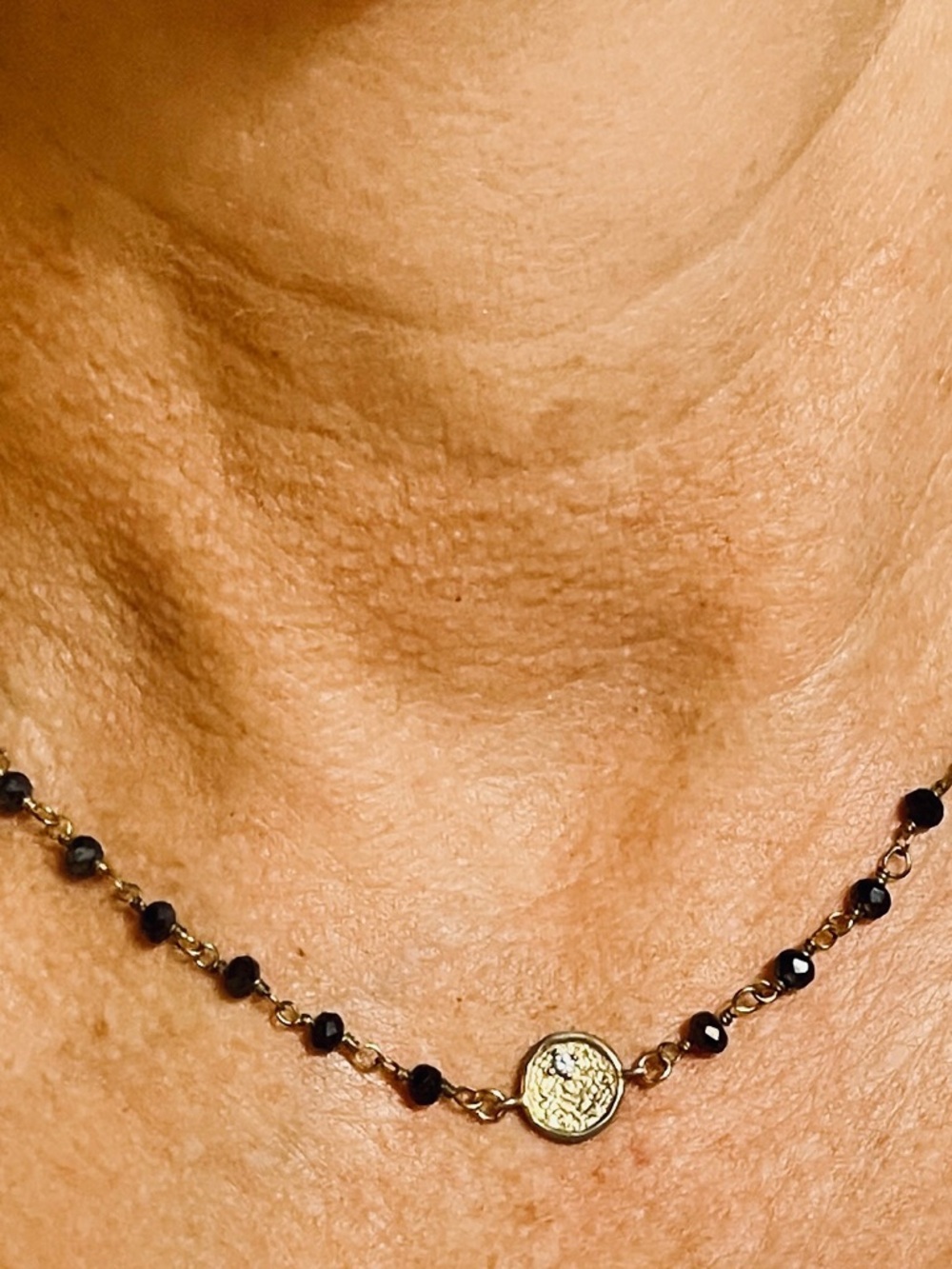 Delicate Handmade Rosary Bead Necklace with Gold Centerpiece 15”